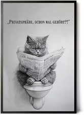 Lustiges Katzenbild auf WC 30x45cm Rahmen schwarz - Witzige Badezimmer-Deko