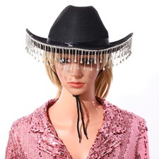 Damen Cowboyhut mit Strass Fransen Glitzer Cowgirl Hut Mütze Party Halloween Neu