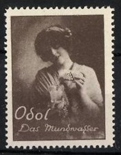 Reklamemarke Odol - das Mundwasser, Fräulein mit Glas und Flasche 