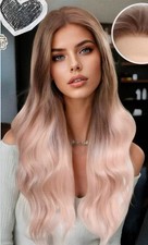 26 Zoll Lange Ombre Wellig Perücke, Braun bis Pink Blond, Lace Front