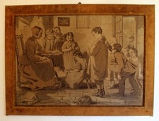 Großes Biedermeier Webbild Stoffbild Gobelin im Original Rahmen Schule Kinder
