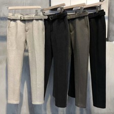 Herren Faux Wolle Anzug Anzughose Business Formell mit Gürtel Slim Fit Bügelfrei