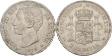 Spanien 5 Pesetas 1876 DEM Alfonso XII.   Silber 25  g  Original Münze #N235
