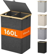 Lifewit Wäschekorb 160L Bambus - 2 Fächer, Faltbar, Deckel, abnehmbar Sack Schwa