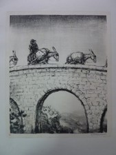 A.PAUL WEBER - Original Lithographie 1961 "Auf der Brücke" !! HANDSIGNIERT