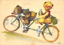 Rarität Litho AK 1956 Teddy-Bären-Paar mit Tandem-Fahrrad auf rasanter Fahrt