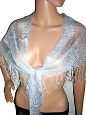 weiß silber Dreieckstuch Stola Schultertuch Hüfttuch 190 x 120 x 120 cm +Fransen