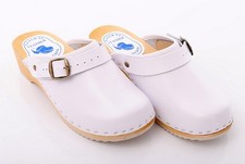Weiße Clogs Geniune Leder handgefertigte gesunde Pantoletten Holzsohle Schuhe D4