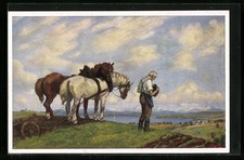 Künstler-AK sign. Rob. Büchtger, Gebetläuten, Bauer mit Pferdepflug beim Gebet  