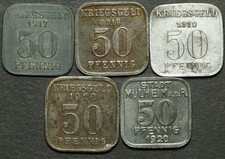 NOTGELD: 5 verschiedene 50 Pfennig 1917-1920, Eisen & Zink. MÜLHEIM AN DER RUHR.