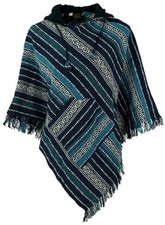 Poncho Hippie chic, Andenponcho mit Fransen - blau
