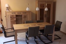 Esszimmer komplett, Tischgruppe, Vitrine und Highboard, Kernbuche massiv geölt