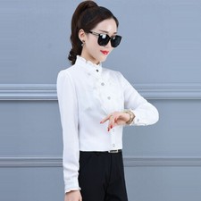 Büro Dame Rüschen vorne hoher Kragen Hemd Bluse formell Langarm Tops schmal