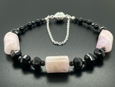 ARMBAND 925/SILBER RHODINIERT MIT ONYX & MILKY KUNZIT SILBERZEIT SCHMUCKJAGD