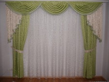 Gardinen mit Seitenschals und Querbehang mit Quasten , Deko-Gardine-Set