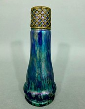 L0640 Jugendstil Glas Vase, petrolfarben, Emaille Malerei, Böhmen um1900, H=24cm