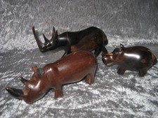 3 Holzfiguren Nashorn Nilpferd