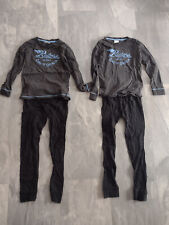 2x Kinder Schlafanzug Pyjama Pulli Hose Gr 140 122/128 grau schmal Zwillinge Set