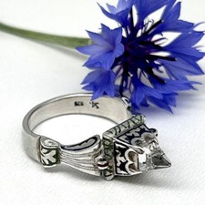 Emaillierter Ring Renaissance-Stil Bergkristall 925/- Silber, Ringweite 56/57