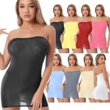 DE Damen Transparent Bodycon Minikleid Bandeau Unterkleid Eng Stretch Nachtkleid