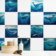Fliesenaufkleber Bad & Küche, maritim Blau Wal zarte Farben Klebefliesen