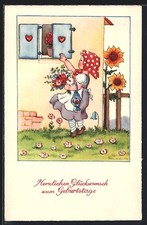 Künstler-AK Liesel Lauterborn: Kleines Mädchen mit Blumenstrauß öffnet Fensterl 