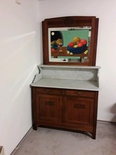 Antike Holzwaschkommode m Marmoraufsatz, Spiegel,  2 Schubladen und Unterschrank