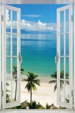 Poster Illusion Fenster zum tropischen Palmenstrand 61 x 91,5 cm