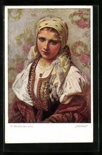 Polnische Frau in Tracht vor einer Blumentapete, Hanka, Ansichtskarte 