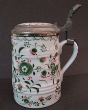 Antiker Bierkrug mit Zinndeckel Grüner Vogeldekor Rauenstein