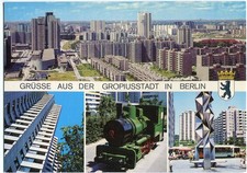 AK BERLIN RUDOW /NEUKÖLLN Gropiusstadt, Totale, Dampflok, Hochhäuser 70er