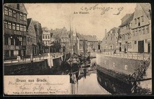 Ansichtskarte Stade, Wasserpartie mit Segelschiffen und Gebäuden 1903 