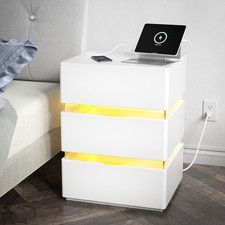 LED Nachttisch 3 Schublade,Nachtschrank mit Intelligente Ladestation Weiß Modern