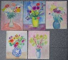 5 Zeichnungen Konvolut - Aquarell - Stillleben Blumen Vasen Studie Gefäßen 1969
