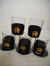 5 Whiskey Tumbler Gläser 70er ★Whisky Becher Pferd Huf★ Glas Leder Manschette?