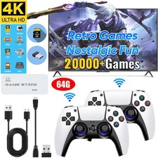 Wireless 4K 20000+Spiele TV Stick HDMI 64GB +2 Gamepad Videospielkonsole Retro