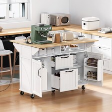 Mobile Kücheninsel mit Rollen, klappbarer Esstisch, Bewegliche Küchenwagen, Weiß
