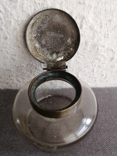 großes antikes Glas Tintenfass mit silbernem Deckel
