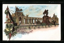 Lithographie Berlin, National Denkmal, Fahne mit Krone und Wappen 