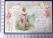 Biedermeierkarte Frau Mode Hut Handtasche Zierrahmen Kunstanstalt Böhme Nr 1071