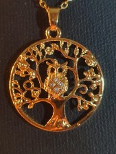 Damen Halskette in Gold Eule Lebensbaum Elegant schön und selten im Retro Design