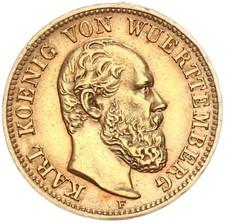 Württemberg Karl 5 Mark 1877 F Gold vz+ Jäger 291
