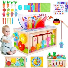 Montessori Spielzeug 6-in-1 Tücherbox mit Knistertuch 6-12 Monate, Holzspielzeug