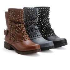 Damen Stiefeletten Biker Boots Nieten Herbst Winter Flach Stiefel Neu ST03