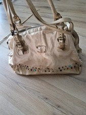 Tasche Leder A.S. 98beige mit Perlen Hippie Country Boho Retro