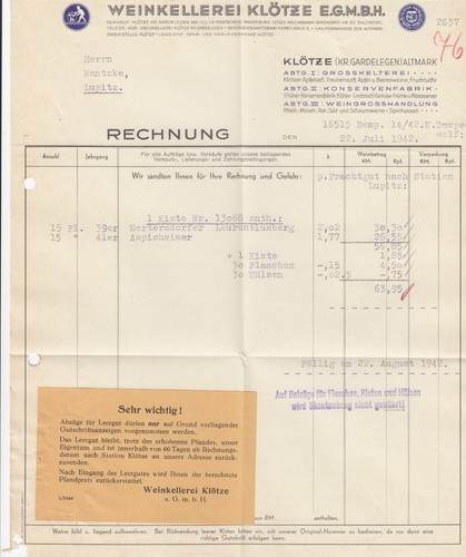 Klötze rechnung 1942 - klÖtze,,