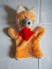 5 Handpuppen vintage aus Plüsch: Fuchs, Affe, Frosch, Hund und ?