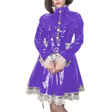 Abschließbar Glänzend PVC Spitze Langarm Plissiert A-Linie Minikleid Mit Schürze