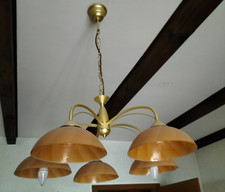 Hängeleuchte 5flammig goldfarben mit orangen Kuppeln 