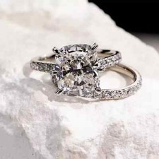 Länglicher Kissen Moissanit Braut Set Verlobungsring in 14K Weißgold vergoldet